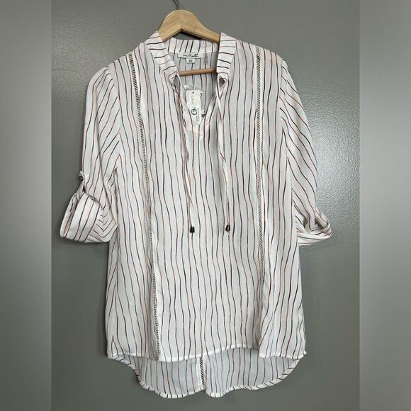 4/$25 Simply Noelle red white semi sheer pop over blouse stripe casual office - Picture 1 of 6